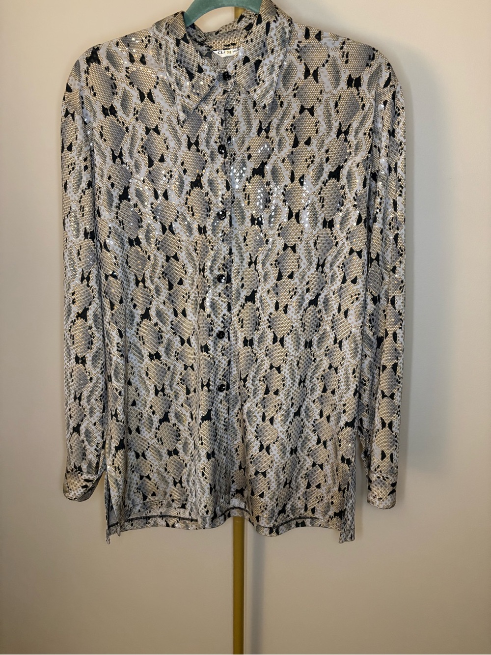 Clara S. Vintage Snakeskin Sequin Blouse Button Up Metallic Top